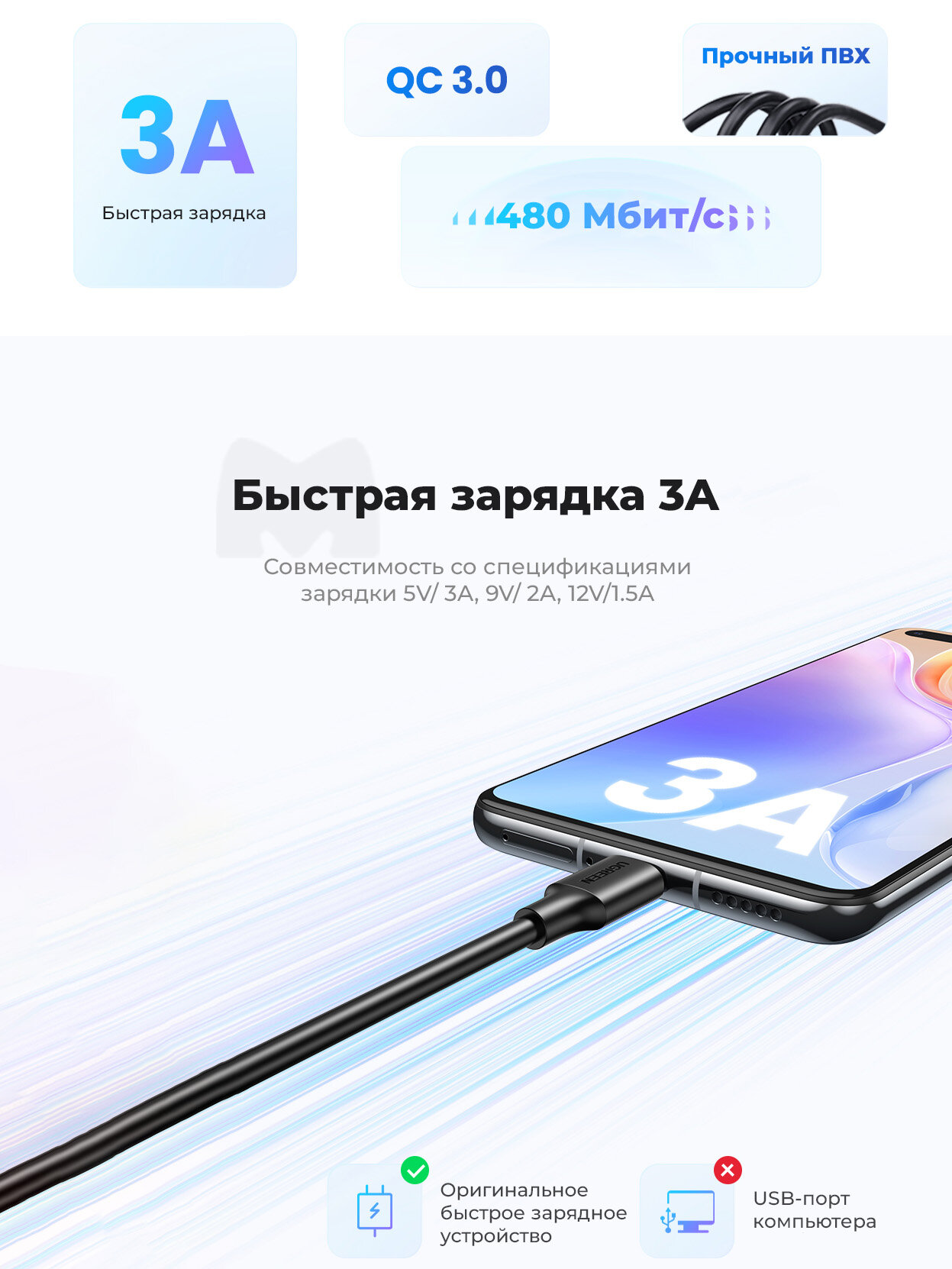 Кабель для быстрой зарядки и передачи данных UGREEN, USB-A на USB-C, Быстрая зарядка 3A, 1 метр, цвет черный (60116) — фото 1