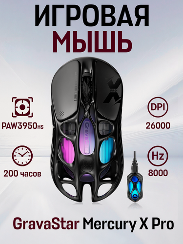 Изображение товара Беспроводная игровая мышь GravaStar Mercury X Pro, 8K Hz, PAW3950HS, 26000 DPI, с донглом, черный