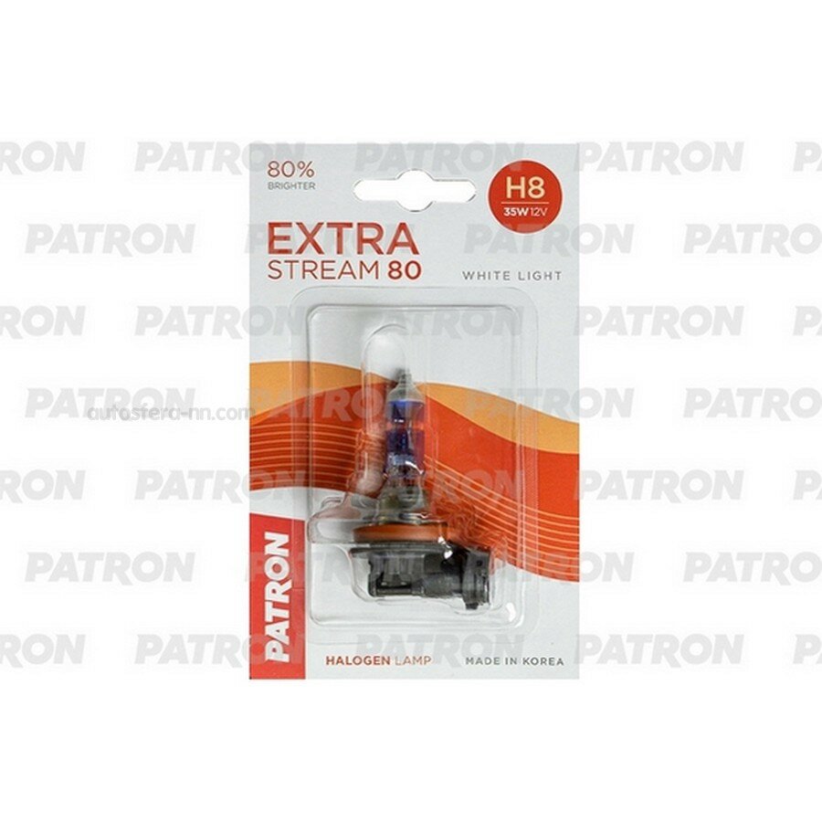 PATRON PLH81235SSB2 Лампа галогенная блистер 1шт H8 12V 35W 3500K PGJ19-1 Extra Stream 80 (+80% яркости, белый свет, +40м светового потока) Сделано в Корее