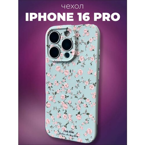 фото Чехол на iphone 16 pro , цвет нежно-бирюзовый , женский , с цветочками .