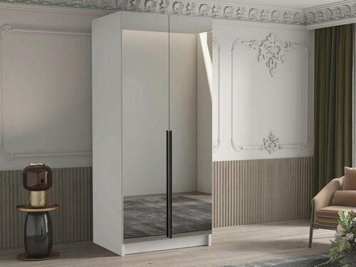 Изображение товара Двухсекционный шкаф Элли с 2 зеркалами (черные ручки) Белый снег 8685 BS NOW 80*60*260 см Фиеста