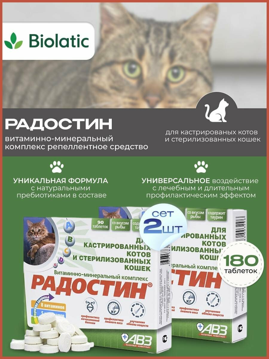 Радостин АВЗ, СЕТ 2 шт, витаминный комплекс для кастрированных котов и стерилизованных кошек, 2 уп х 90 табл