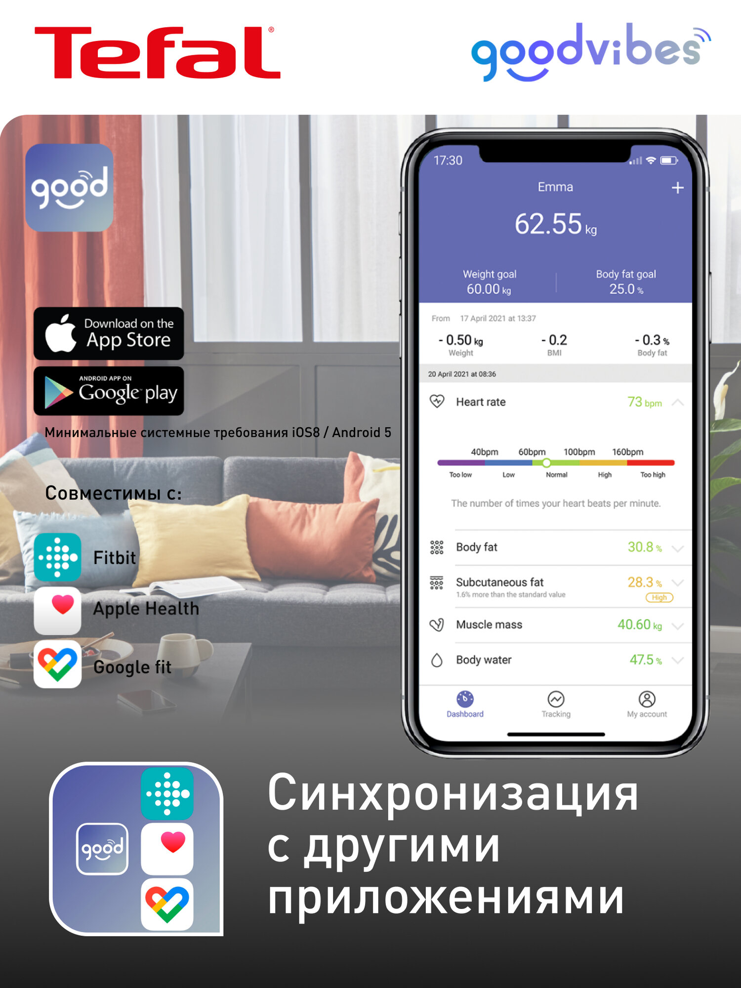 Умные весы Tefal Goodvibes Smart BM9661S1, 14 параметров, синхронизация с Google Fit, Apple Health, Fitbit, синий — фото 1