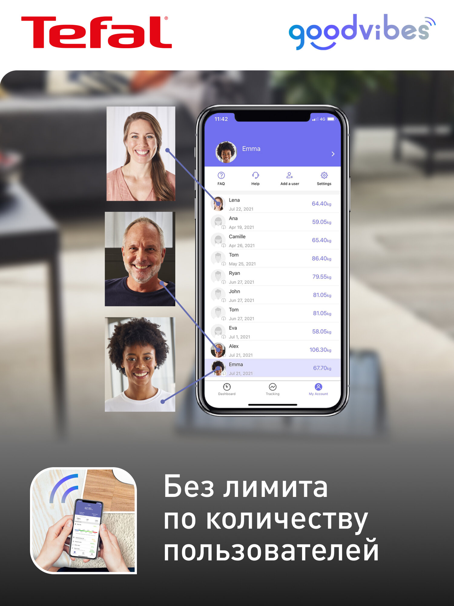 Умные весы Tefal Goodvibes Smart BM9661S1, 14 параметров, синхронизация с Google Fit, Apple Health, Fitbit, синий — фото 1