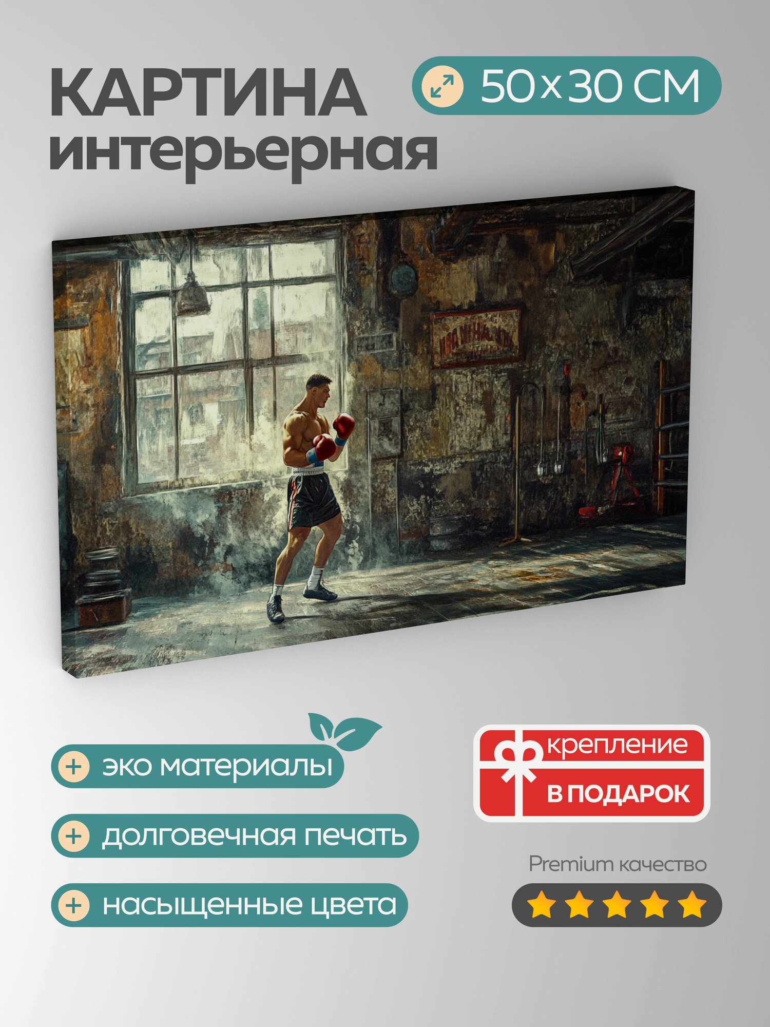 Картина на холсте интерьерная 50х30 см, боксер, тренировка, дисциплина, упорство, городской спортзал, текстуры