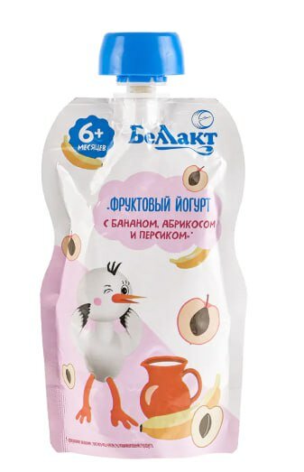 Беллакт пюре фруктовое с йогуртом с бананом, абрикосом и персиком, 90 г, 6 месяцев
