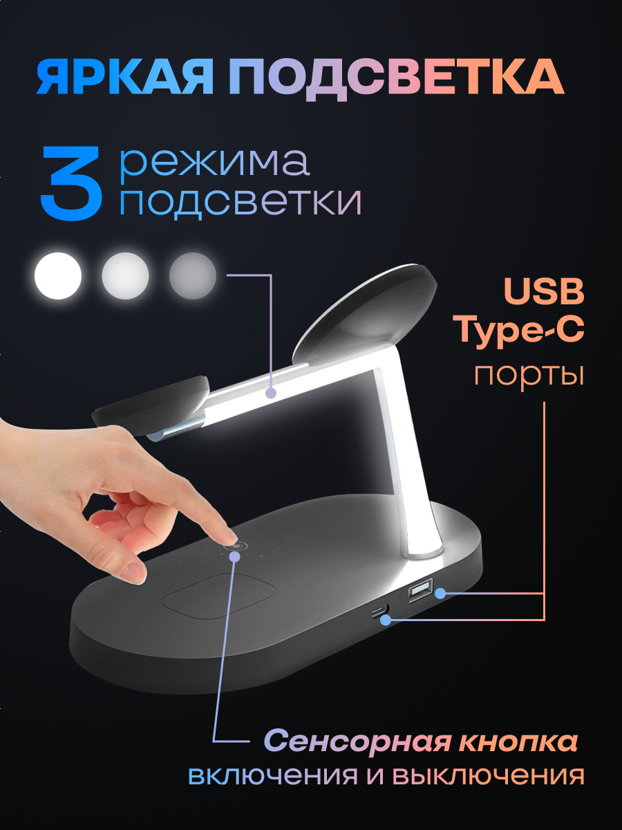 Беспроводная зарядка для iPhone, Apple Watch / Зарядная станция для телефонов, док станция MagSafe — фото 1