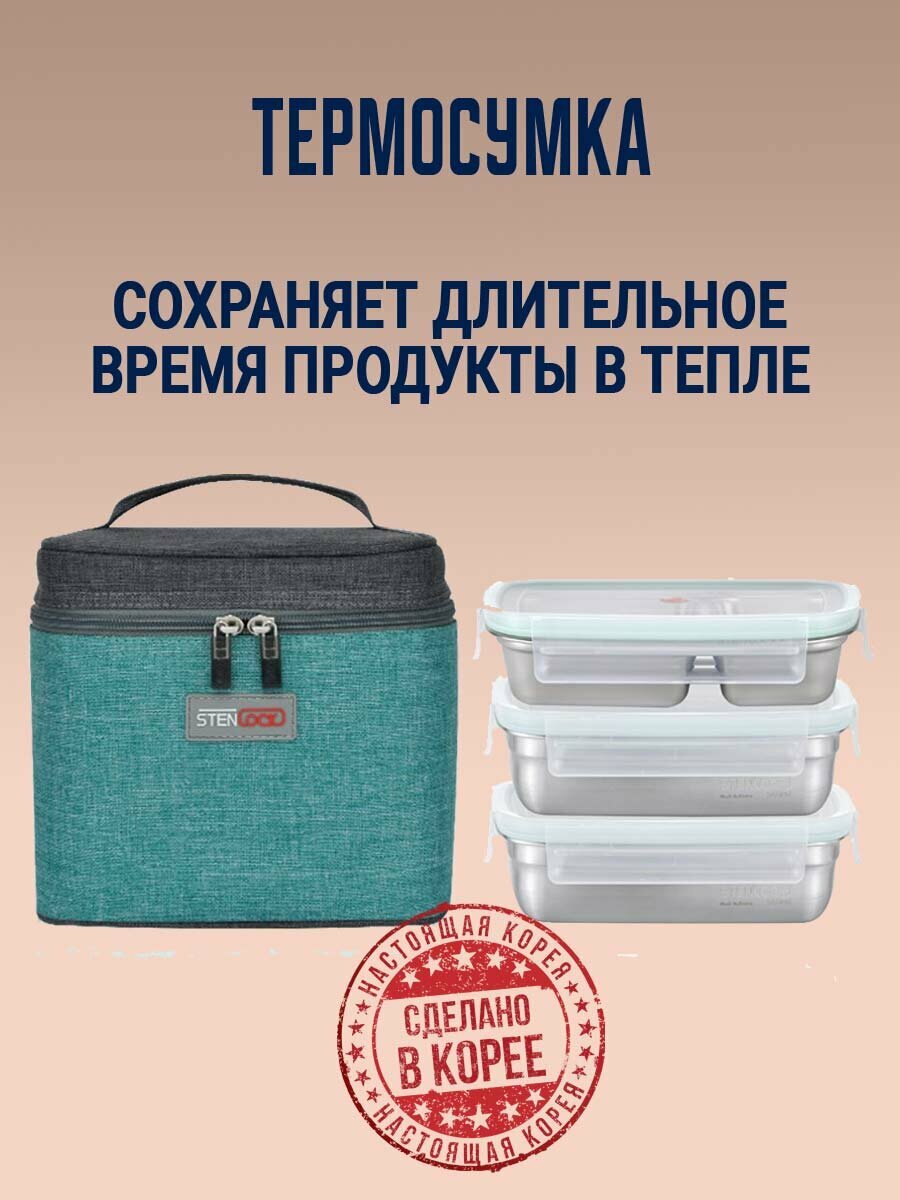 Набор из 3 пищевых контейнеров из нержавеющей стали и термосумкой. Корея — фото 1