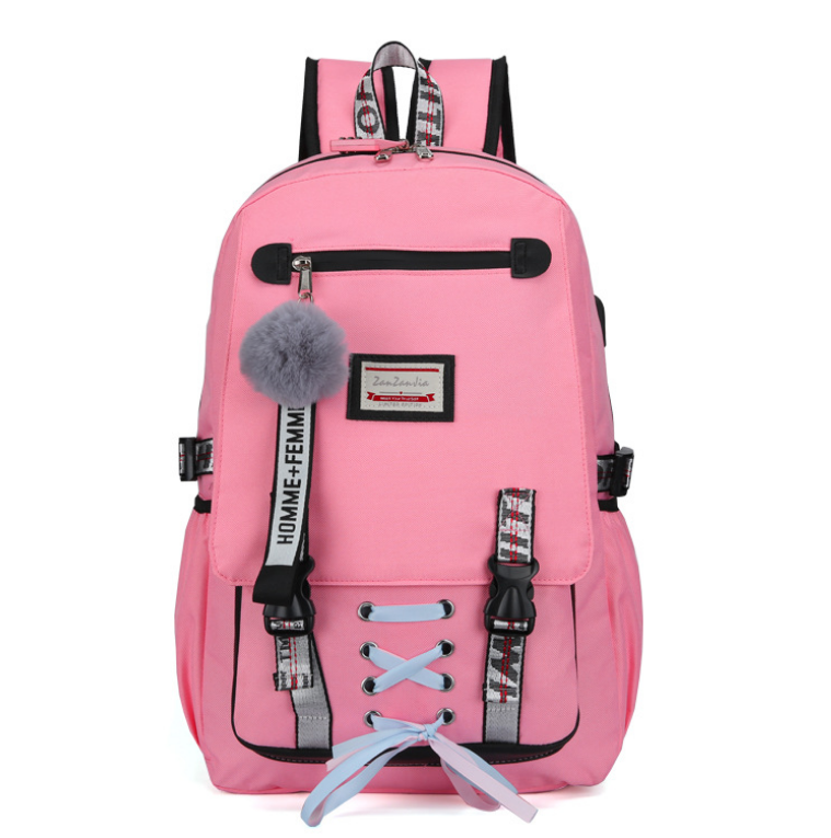 Рюкзак MyPads M-658 из нейлоновой непромокаемой ткани, для ноутбука Dell Asus Acer Lenovo HP Xiaomi диагональю 14/15/15.6 дюймов с USB портом. Женский детский с креативным дизайном розовый + брелок пушок