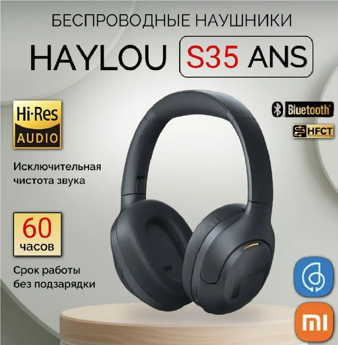 Наушники накладные Xiaomi Haylou S35 ANC, Hi-Res Audio, Dark Blue, тёмно-синие,1 шт, Bluetooth,5.2, Global,125,2.4,2.5,60,60,110,40,0.2,600,32, IPX5,1,1, накладные,20000,20, складная конструкция