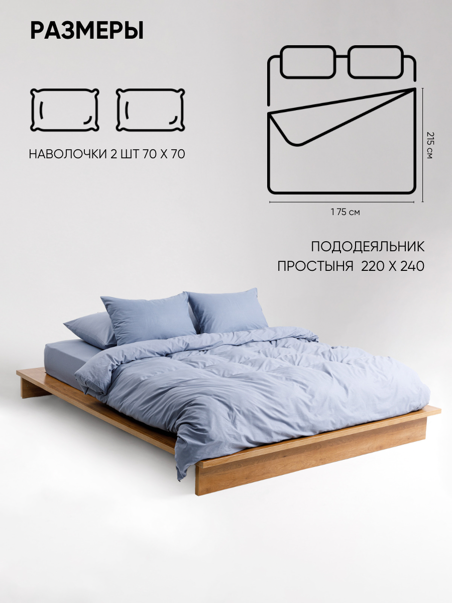 Постельное белье на молнии однотонное Urban Family (аналог икеа), Деним, 2 спальное, наволочки на молнии 70х70, 100% хлопок, перкаль — фото 1