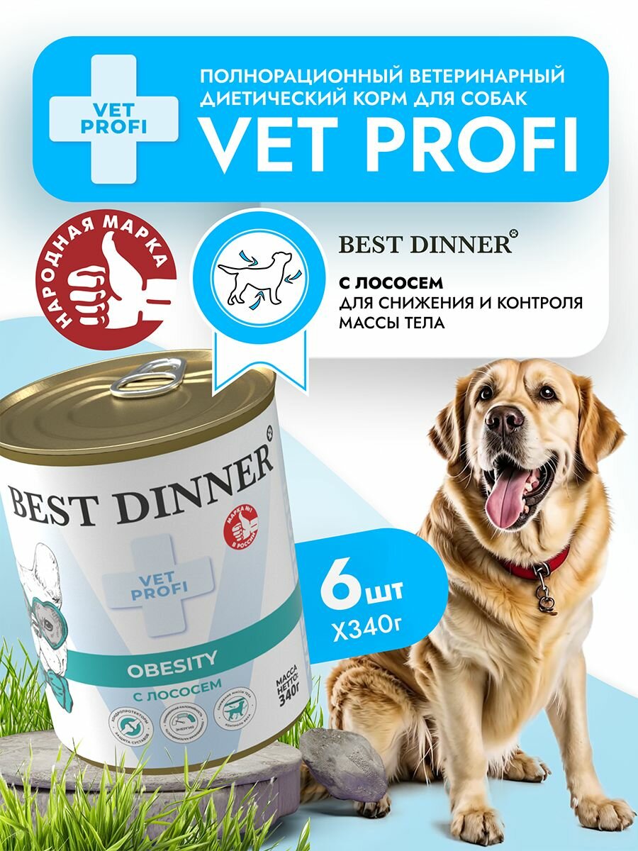 Влажный диетический корм Best Dinner Vet Profi Obesity для собак при для снижения и контроля избыточной массы тела Лосось (6шт х 340гр)