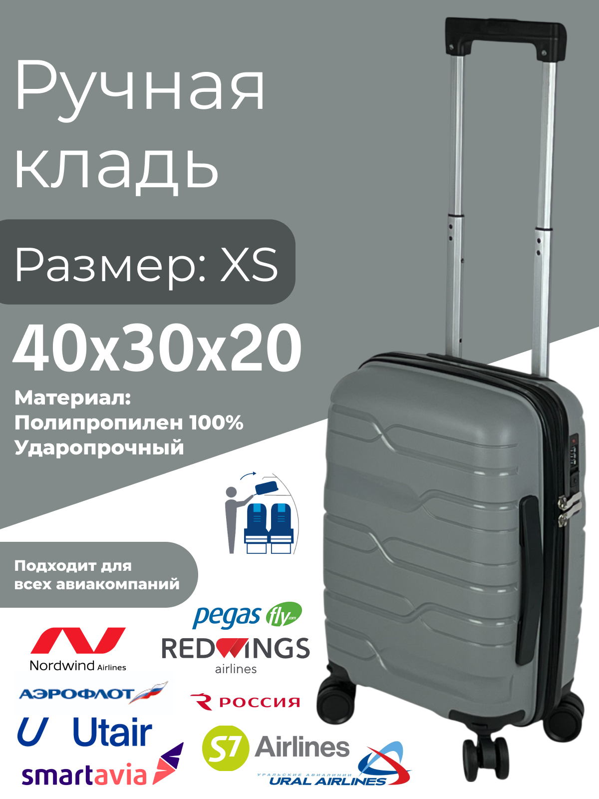 Чемодан Impreza, 24 л, размер XS, серый