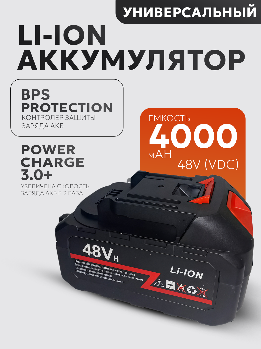 Сменный/Дополнительный Li-Ion аккумулятор (батарейка) 4000 mAh для мойки, шуруповерта, цепной пилы, УШМ