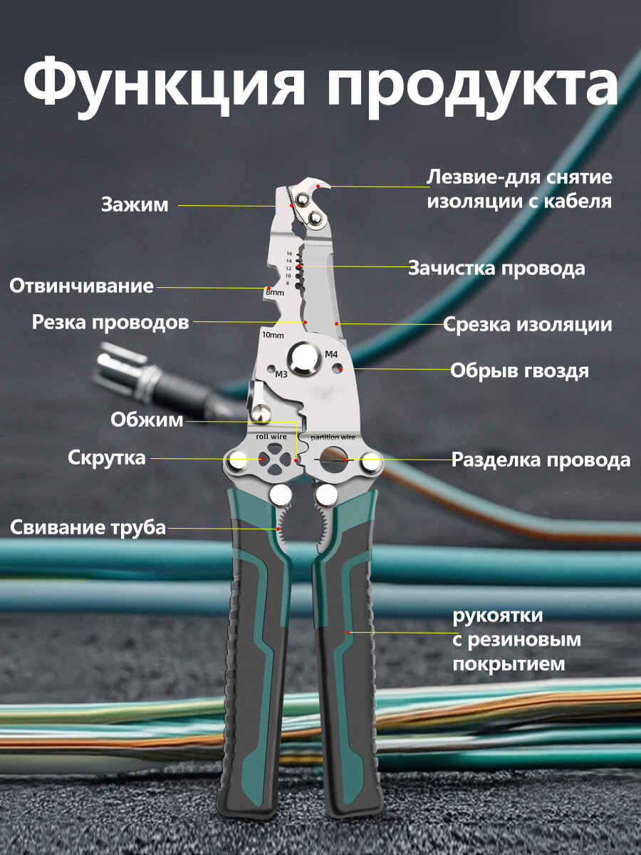 Стриппер, Кримпер, Плоскогубцы многофункциональные 18 в 1, Инструмент электрика универсальный, зеленый — фото 1