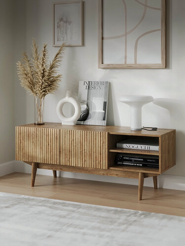 Изображение товара Тумба под телевизор напольная Puzzlemebel Келли, тумбочка для тв на ножках с реечным дизайном, 115 см, светло-коричневый