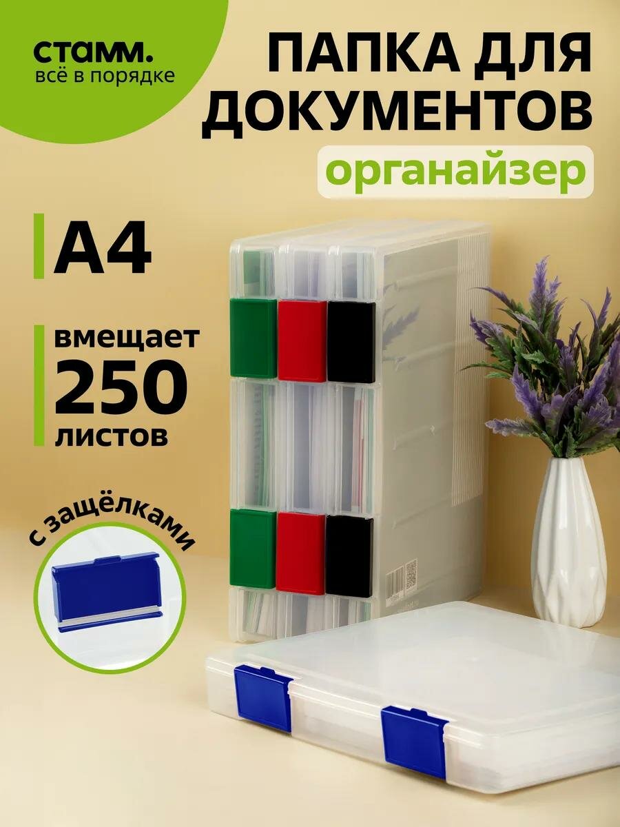 Папка для хранения документов СТАММ, А4 235*310*40мм, пластиковая, прозрачная, синие защелки