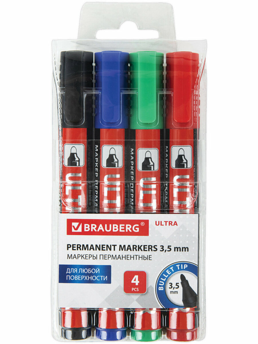 Маркеры перманентные BRAUBERG ULTRA MARKER набор 4 цвета круглый наконечник 35мм 152208