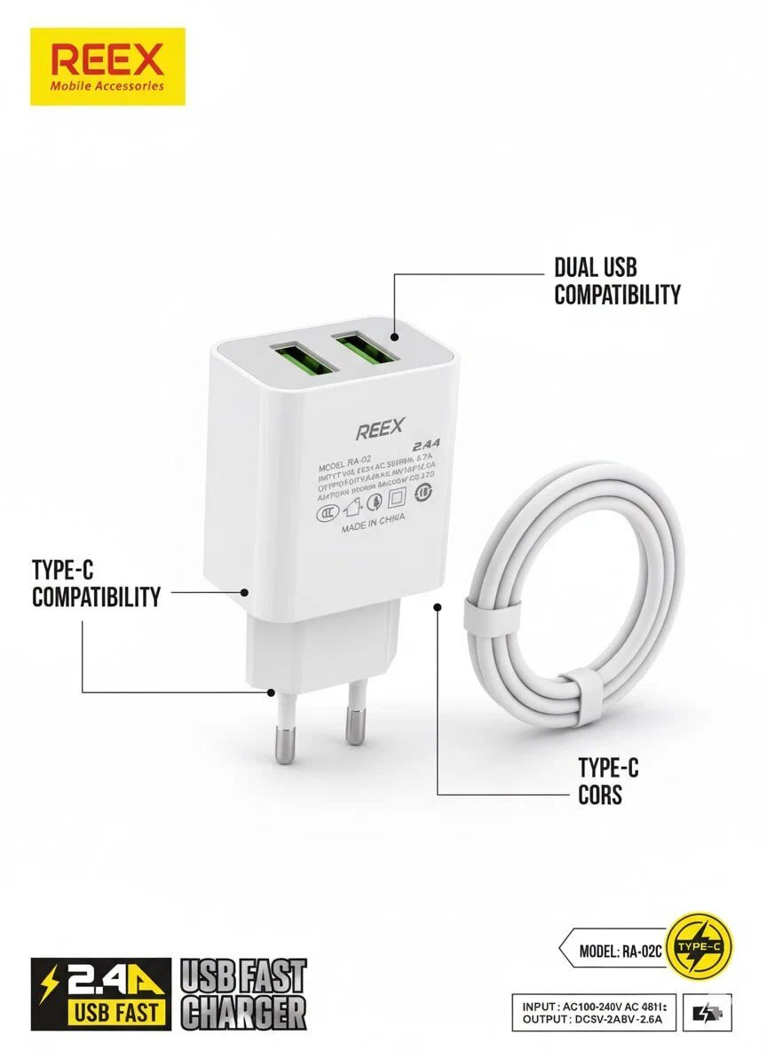 Комплект адаптеров для быстрой зарядки REEX RA-02C, с кабелем Type-C, 2xUSB, белый