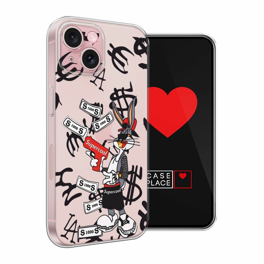 Чехол на Apple iPhone 15 / Айфон 15 с принтом Supercool Bugs Bunny black, прозрачный — фото 1