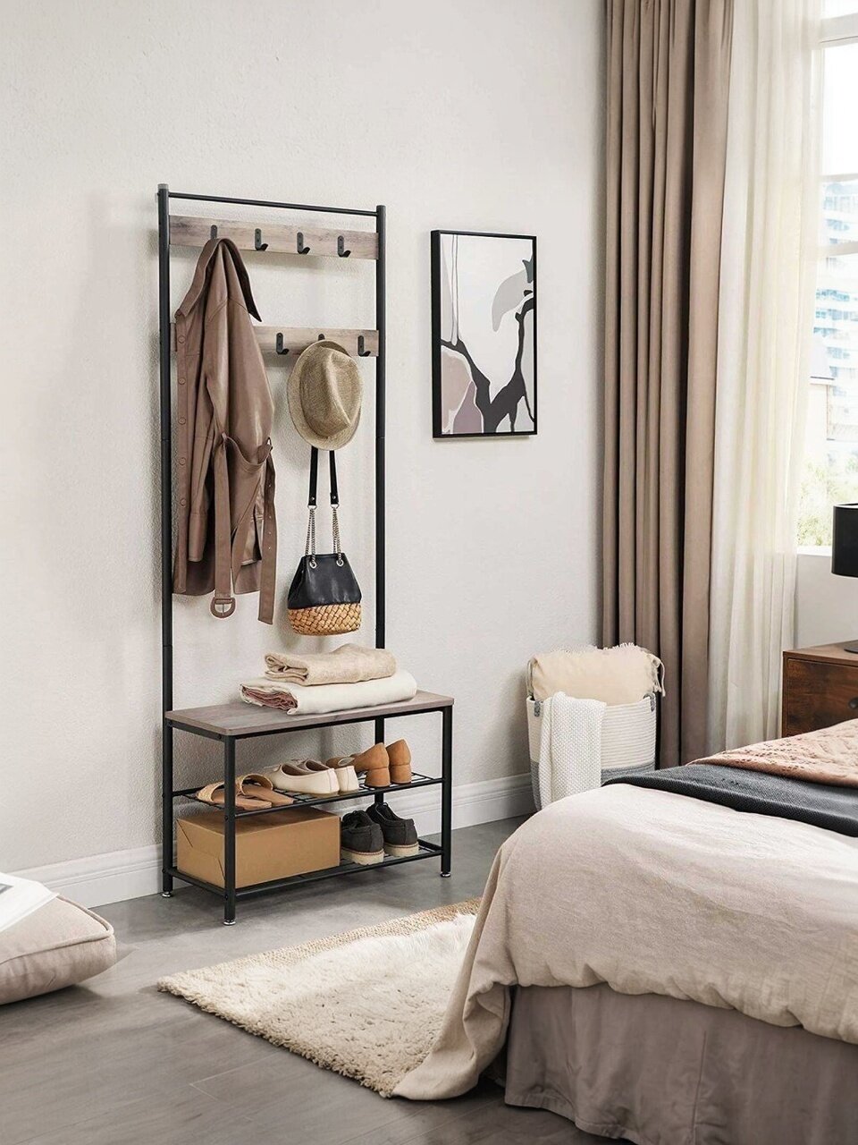 Вешалка напольная 70х32х175 см, Vasagle, металл, полка для обуви, 80 кг, Лофт, HSR41MB