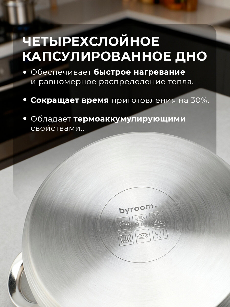 Набор кастрюль BYROOM PS-6 CooK, нержавеющая сталь, 4 шт с крышками. — фото 1