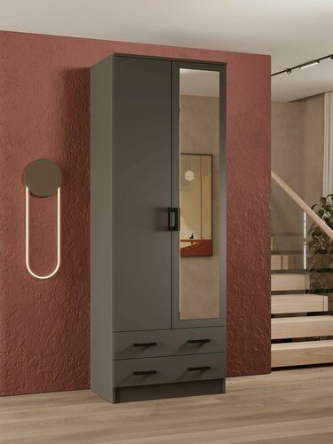 Изображение товара Распашной шкаф для одежды и хранения вещей Прагма с зеркалом, с полками, с ящиками, со штангой для одежды, 80х48.7х220 см, Графит