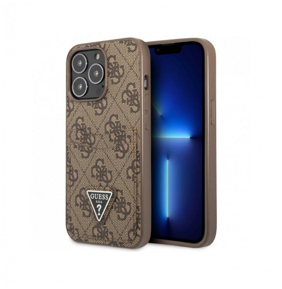 Guess для iPhone 13 Pro Max чехол PU 4G Double cardslot Metal triangle logo Hard Brown