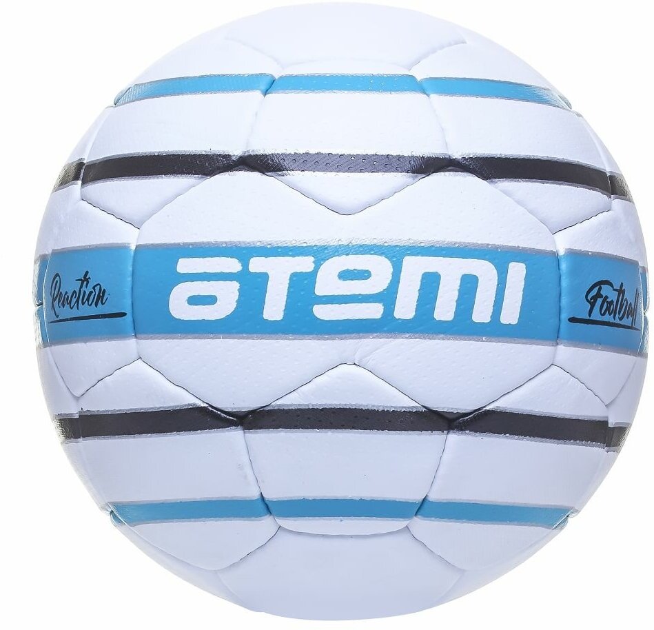 Мяч Atemi футбольный REACTION, PU, 1.4мм, белый/голубой/черный, р.5, р/ш, 32 п, окруж 68-70