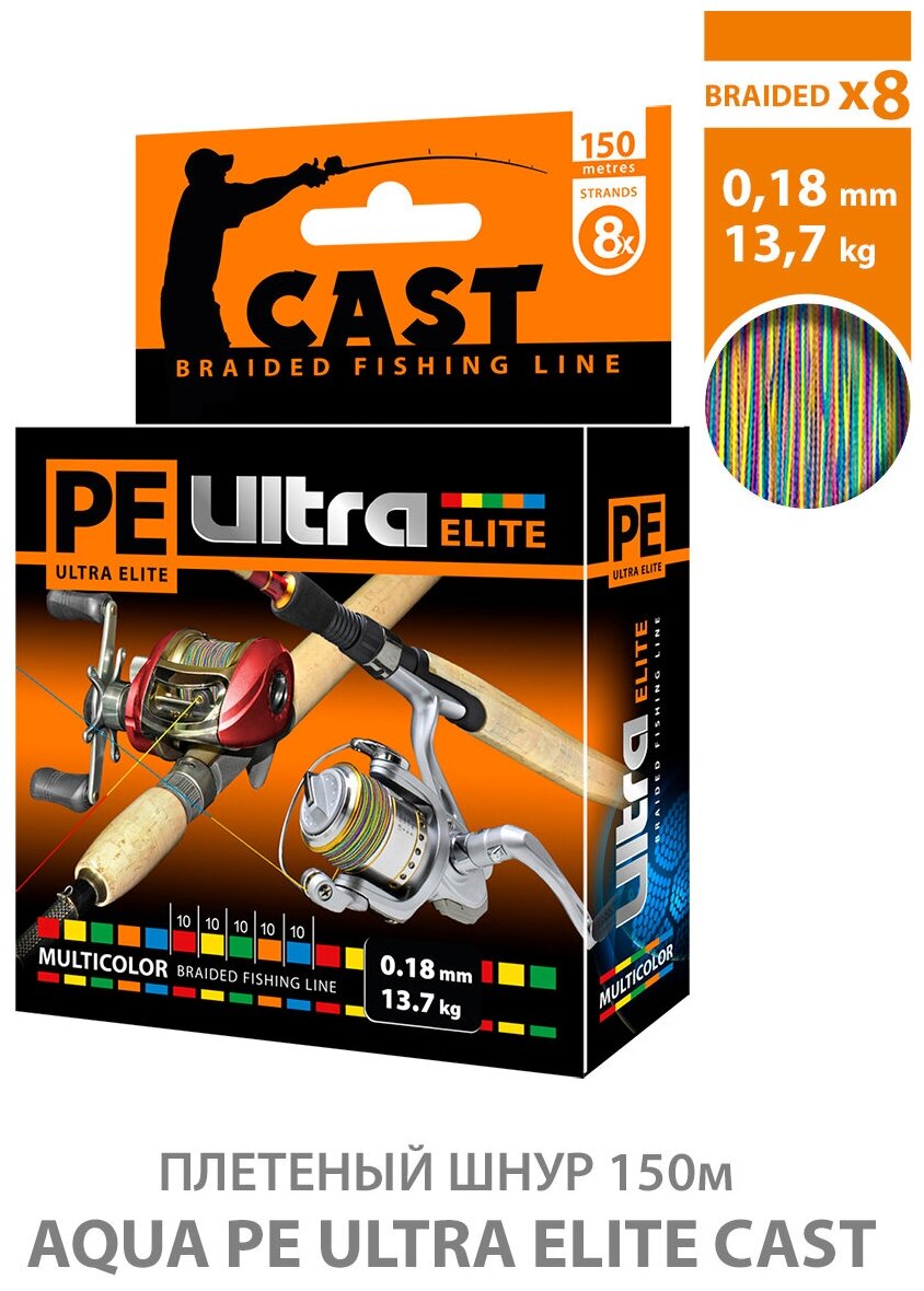 Плетеный шнур для рыбалки AQUA PE Ultra Elite Cast 0.18mm 150m мультиколор 13.70kg