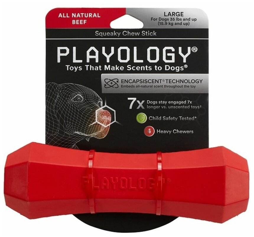 Игрушка Playology хрустящая жевательная палочка SQUEAKY CHEW STICK с ароматом говядины, средняя, красный - фотография № 5