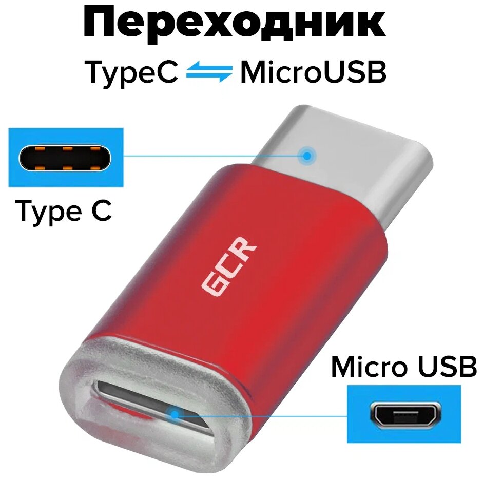 GCR Переходник USB Type C > MicroUSB 2.0, M/F, Красный