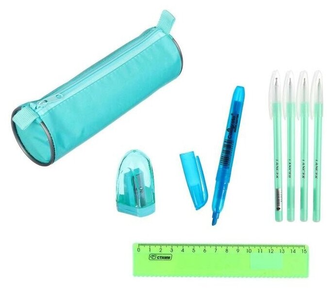 Набор канцелярский 10 предметов (Пенал-тубус 65 х 210 мм, ручки 4 штуки цвет синий , линейка 15 см, точилка, карандаш 2 штуки, текстовыделитель), бирюзовый