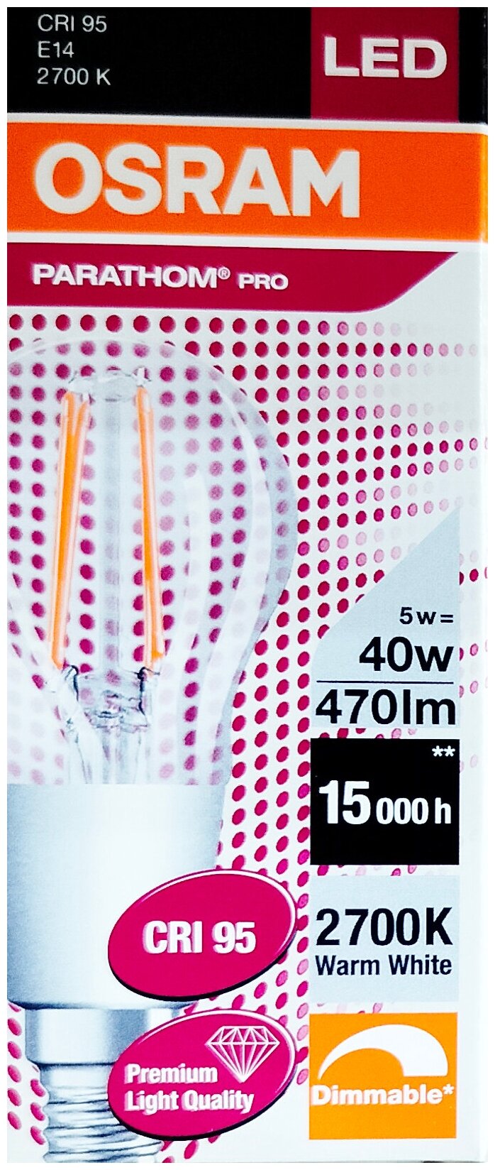 Лампочка светодиодная OSRAM Шар P E14 5Вт 220В 470Лм 3000К Теплый белый Филаментная Диммируемая уп. 1шт