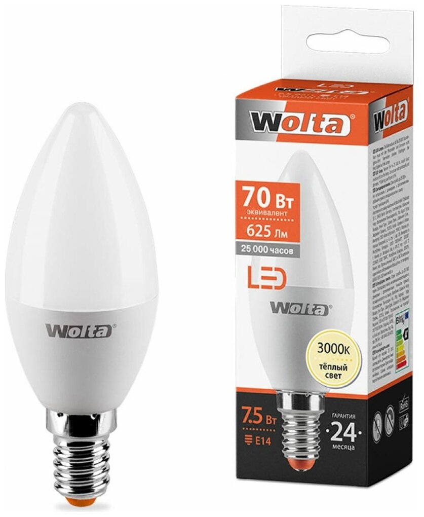 Лампа светодиодная Wolta 25YC7.5E14, E14, C37, 7.5 Вт, 3000 К - фотография № 7