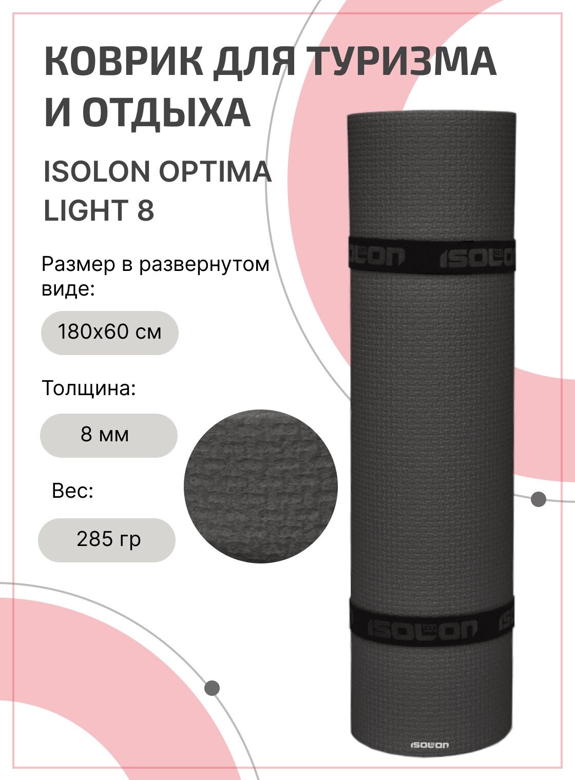 Коврик для туризма и отдыха ISOLON Optima Light, 180х60 см серый