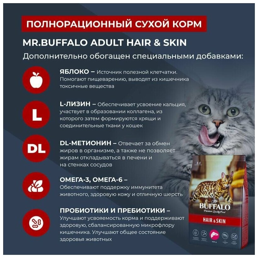 Сухой корм Mr.Buffalo ADULT HAIR&SKIN д/кошек лосось 1,8кг - фотография № 3