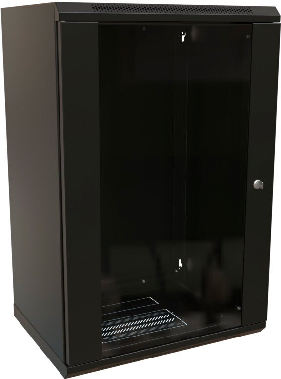 WRline Шкаф настенный 19-дюймовый (19") 22U 1086х600х600мм стеклянная дверь с перфорацией по бокам ручка с замком цвет черный (RAL 9004) (разобранный)