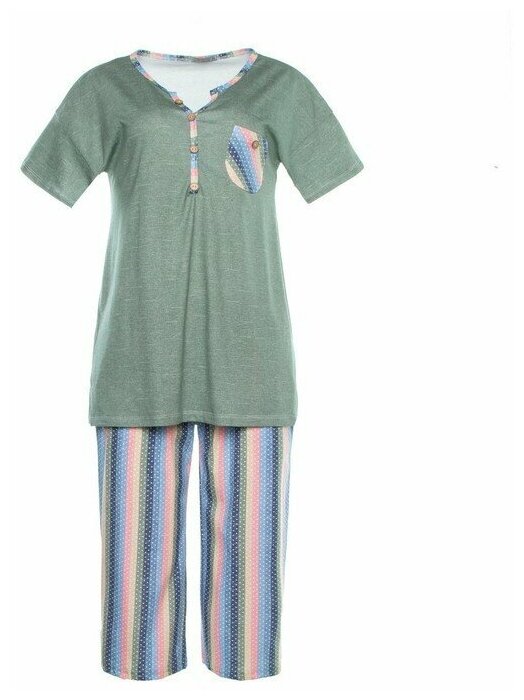 Комплект женский домашний (футболка/бриджи), цвет олива, размер 48 - фотография № 1