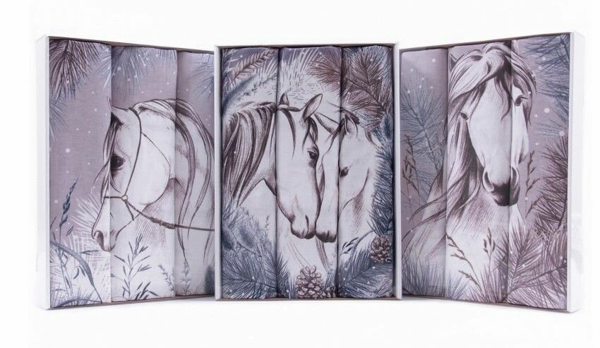 Подарочный Набор кухонных полотенец в подарочной коробке Рогожка с петелькой 50*63 см - 3 шт, Лошадь символ года из 100% хлопка