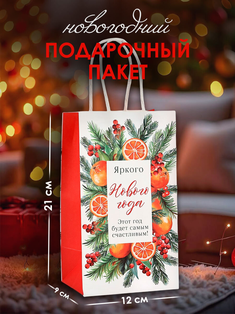 Пакет подарочный новогодний крафтовый «С Новым годом» 12 х 9 х 21 см
