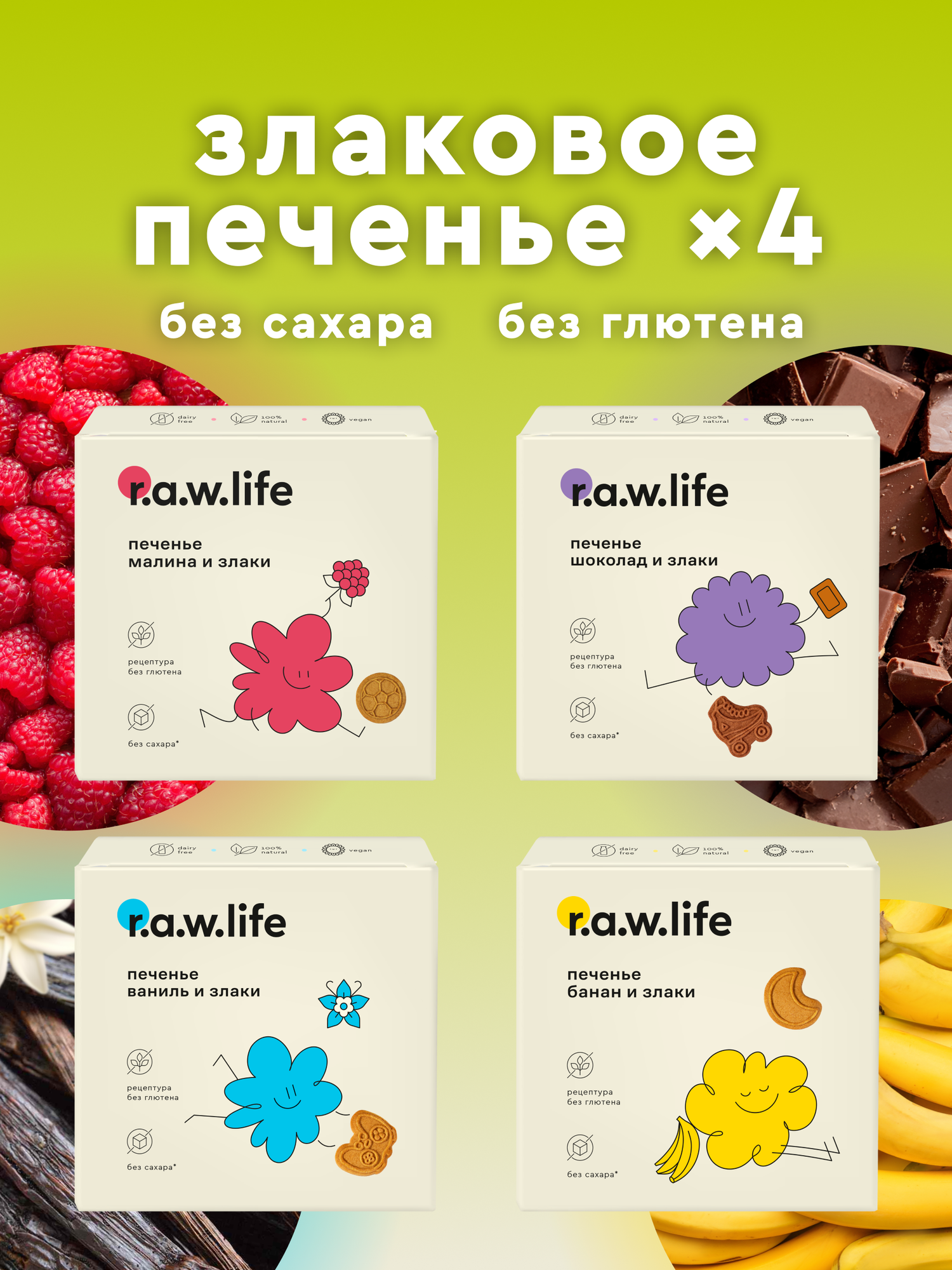 Детское злаковое печенье без сахара и глютена веганское Роулайф r.a.w.life - Ассорти - все 4 вкуса 4шт х 80г