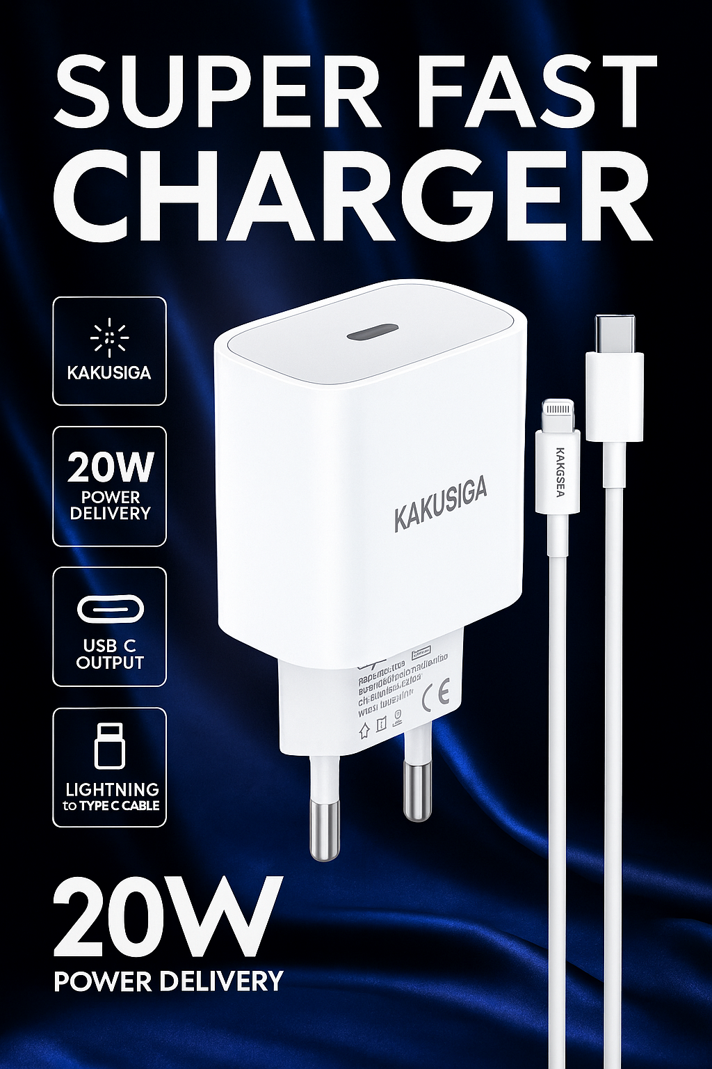 Сетевое зарядное устройство KAKUSIGA KSC-547, быстрое ЗУ для iPhone/Android, Type-C/Lightning, белое