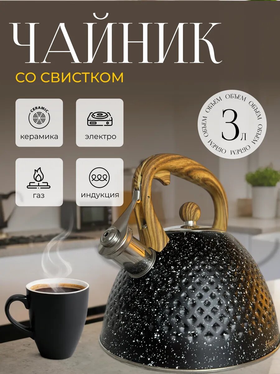 Большой чайник 3 л со свистком — Подходит для всех типов плит, матовая поверхность