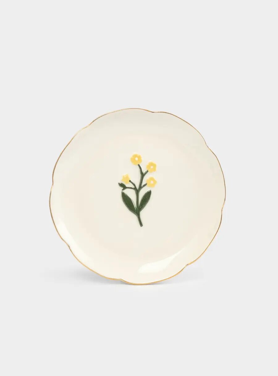 Тарелка десертная, 17 см, керамика, молочная, с золотистым кантом, Желтые цветы, Gentle flower