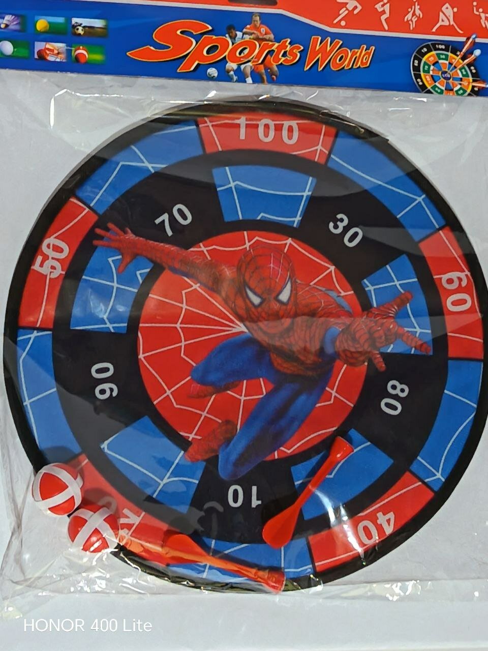 Дартс для детей "SPORTS WORLD" с рисунком человека-паука с липучими мячами и с липучими дротиками