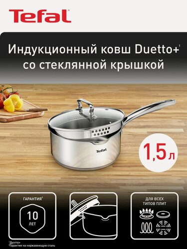 Изображение товара Ковш с крышкой Tefal Duetto 16 см, из нержавеющей стали, с мерной шкалой, со сливными носиками, для газовых, электрических и индукционных плит