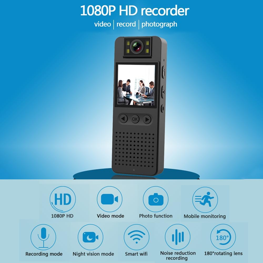 Мини боди камера Andoer 1080P WiFi, ночное видение, 180° линза, клипса — фото 1