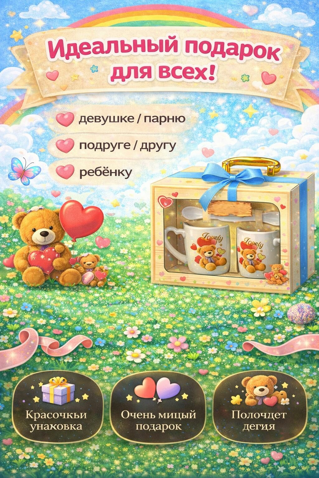 Набор посуды подарочный 6 в 1, кружки с мишкой с блюдцами и ложками, подарок детям