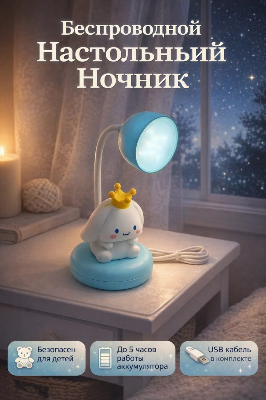 Ночник "Заяц с короной", для детской, беспроводной, USB, белый/голубой